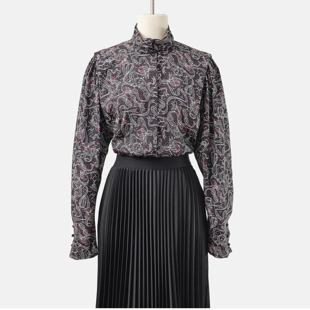 Vintage 80s Black Bow Print Blouse High Neck Puff Sleeve Button Up Silky Top M L